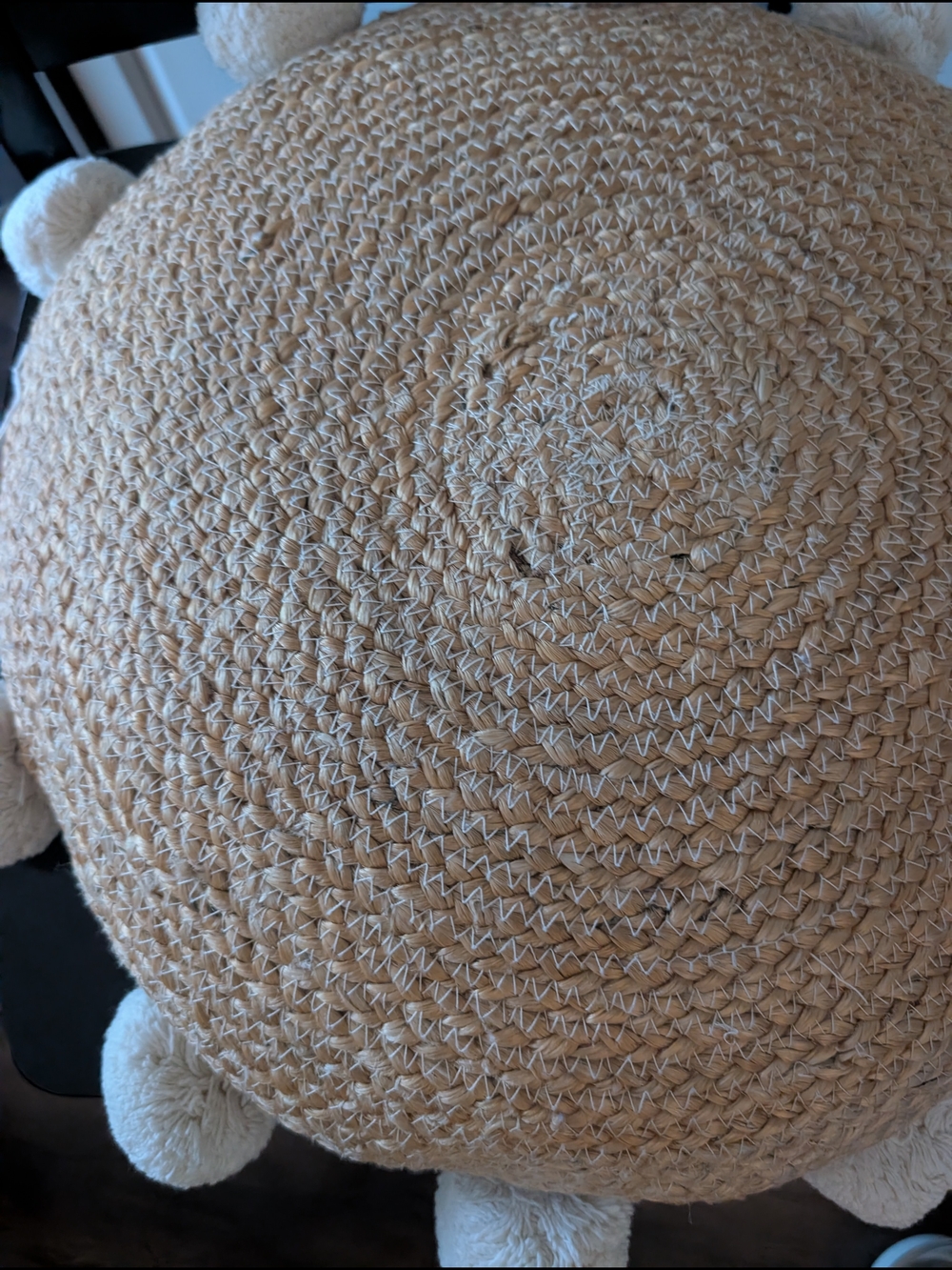 Bohemian Large Round Woven Jute Pillow With Pom Poms - Picture 8 of 13